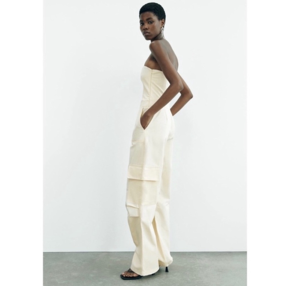 NWT Zara Strapless Wide Leg Cargo Jumpsuit in Off-White - Picture 4 of 16